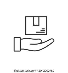 Caja a mano. Enviar o recibir el estilo de línea de icono del paquete aislado en fondo blanco. Ilustración del vector