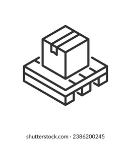 A box on a pallet, linear icon. Isometric style. Loading. Logistics. Line with editable stroke