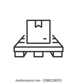 Box on pallet, linear icon. Loading. Logistics. Storage and transport of cargo. Line with editable stroke