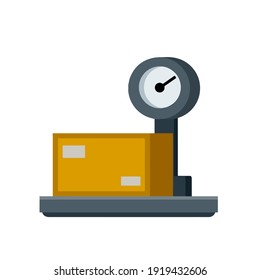 Box is on scale. Weighing of cargo and parcels. Industrial device with platform for heavy loads. Logistics and delivery. Flat cartoon illustration