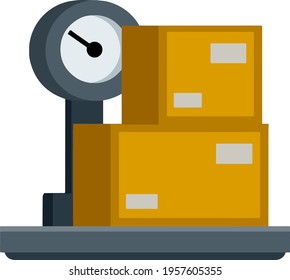 Box is on scale. Weighing of cargo and parcels. Industrial device with platform for heavy loads. Logistics and delivery. Flat cartoon illustration