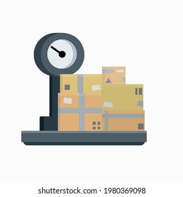 Box is on scale. Weighing of cargo and parcels. Industrial device with platform for heavy loads. Flat cartoon illustration. Logistics and delivery