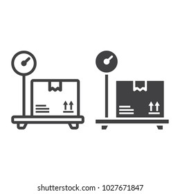 Box on storage scale line and glyph icon, logistic and delivery, platform scale sign vector graphics, a linear pattern on a white background, eps 10.