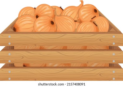 A box of onions. Ripe onions in a wooden box. Vegetables in a wooden box. Vitamin vegetable. Vegetarian food. Vector illustration isolated on a white background