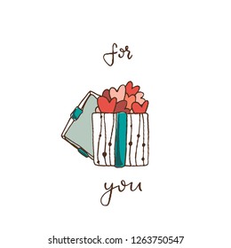 a box with an open lid, full of hearts. Valentine's day, postcard, for you, lettering,