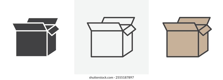 Box opened icon collection in black and colored style.