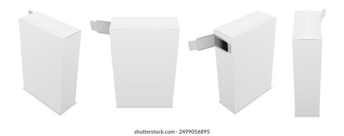 Сardboard box with opened tear-off flap for bulk materials and dry mixes. Set of various projections. Vector realistic packaging template. Illustration isolated on white background.