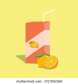 box of orange juice and citrus fruits on a yellow background