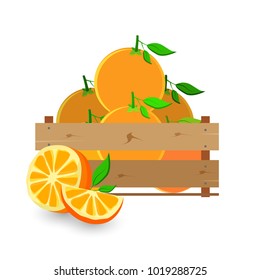 Box with oranges, wooden, fruit, fresh, natural, vector.