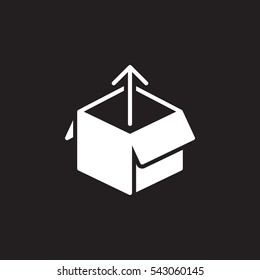 Box out icon vector, filled flat sign, solid white pictogram isolated on black. Unboxing symbol, logo illustration