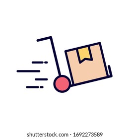 Box over cart line and fill style icon design, Delivery logistics transportation shipping service warehouse industry and global theme Vector illustration