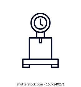 Diseño de iconos de estilo de línea sobre escala, logística de entrega transporte envío almacén de servicios industria y tema global Ilustración de vectores