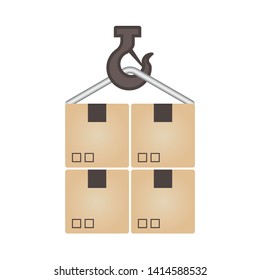 Box package, cargo, parcel or goods vector icon. Include crane hook, wire, steel rope or cable. Industrial shipping logistics and lift, move, unload, transport in port, store, warehouse and factory.