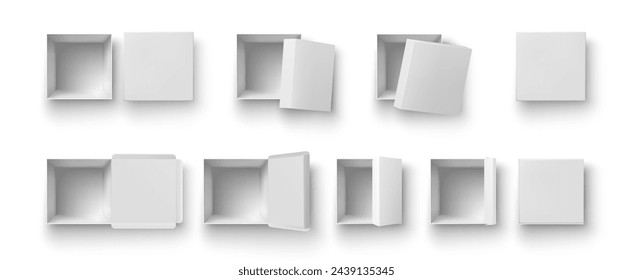 Box package container top view realistic. Vector illustration of empty delivery boxes, cases for presents of gifts, small cardboard packages. Shipping delivery boxes template