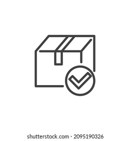 Icono de la línea de entrega del paquete de caja. signo de estilo lineal para concepto móvil y diseño web. Cuadro de parcela con icono de vector de contorno de marca de verificación. Símbolo de envío de carga, ilustración del logotipo. Gráficos vectoriales