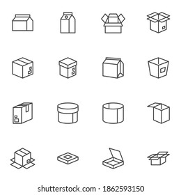 Box and package line icons set, outline vector symbol collection, linear style pictogram pack. Signs, logo illustration. Set includes icons as cardboard box, milk pack, pizza packaging, takeout food
