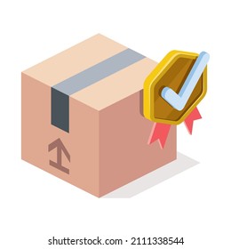 Marca de verificación de la medalla del paquete de caja. Vector 3d línea isométrica, iconos de color web, nuevo estilo plano. Idea de diseño creativo para infografías.