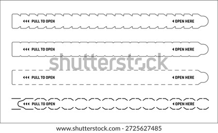 Box package perforated tear strip border line. Vector black and white Pull to Open packaging tab templates with sharp, rounded and dashed lines perforation for boxes and tamper proof packaging