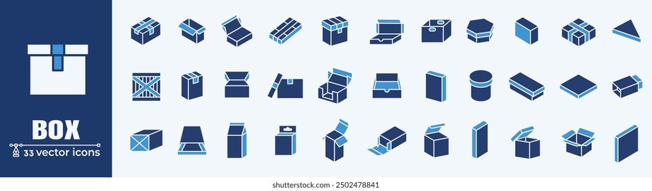 Box and package related icons: thin vector icon set, black and white kit