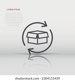 Box package return icon in flat style. Delivery box with arrow illustration on white isolated background. Cargo shipping business concept.
