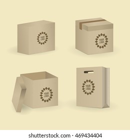 Box and package set. Vector illustration. Kraft style.