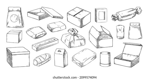 Box And Package Sketch. Hand Drawn Open And Closed Delivery Containers And Breakfast Lunchbox. Cardboard Package. Paper Food Packs. Takeaway Snack Packaging. Vector Meal Wrappers Set