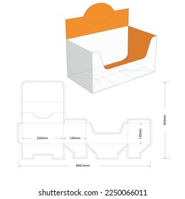 Box package template opposite display stand and die cut flat 3d sketch