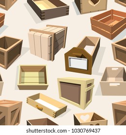 Box package vector wooden empty drawers and packed boxes or packaging crates with wood crated containers for delivery or shipping set illustration seamless pattern background