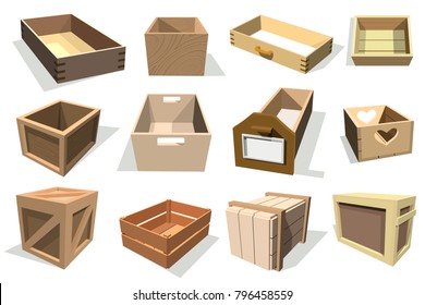 Box package vector wooden empty drawers and packed boxes or packaging crates with wood crated containers for delivery or shipping set illustration isolated on white background