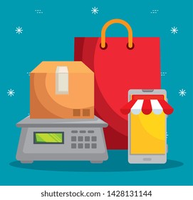 box package in the weighing machine with bag and smartphone