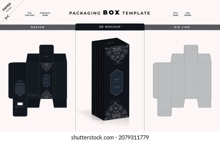 Box, Packaging  Die Cut  Template For Product with 3D Preview. 3d Box Mockup, Packaging design, Perfume luxury box design, Box die line, and Design elements. Illustration Vector design Template.