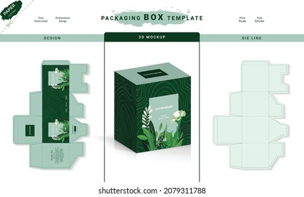 Box, Packaging Die Cut Template für Produkt mit 3D Vorschau. 3d Box Mock up, Packaging Design, Parfüm Luxus Box Design, Box-Stempel-Linie und Design Elemente. Vorlage für Vektordesign-Illustrationen.