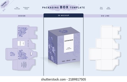 Box, Packaging Die Cut Template For Product with 3D Preview. 3d Box Mockup, Packaging design, Perfume luxury box design, Box die line, and Design elements.Vector design Template.