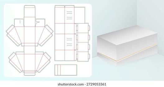 Caja de embalaje de diseño de Plantilla troquelada maqueta 3d Caja de embalaje de Producto blanco con franja de oro y Plantillas Dieline para panaderías, compartimentos de productos diseños únicos hechos a mano