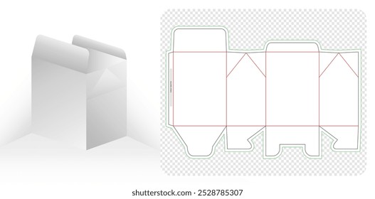 Embalaje de caja Plantillas troqueladas diseños 3d maqueta una caja blanca con una tapa plegable y un recorte de papel fondos aislados para caja de regalo estacionaria, Plantilla de embalaje de Mercancía, productos de panadería y pastelería