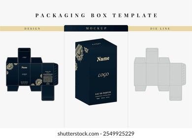 Diseño de Plantilla troquelada de embalaje de caja. Maqueta 3d de marcos de diseño de caja coloridos y creativos, para empaquetado y diseño de productos de caja de fragancia aislados en el fondo. Ilustración vectorial