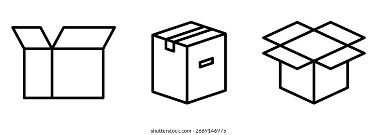 Caixa e conjunto de ícones de linha de embalagem. Conjunto de ícones relacionados à carga, caixa, embalagem, caixa amassada, entrega, embalagem e outros. Ilustração vetorial. EPS 10