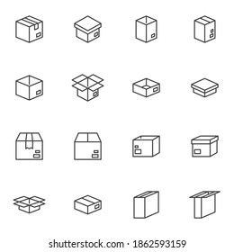 Box packaging line icons set, outline vector symbol collection, linear style pictogram pack. Signs, logo illustration. Set includes icons as cargo delivery parcel, open cardboard box