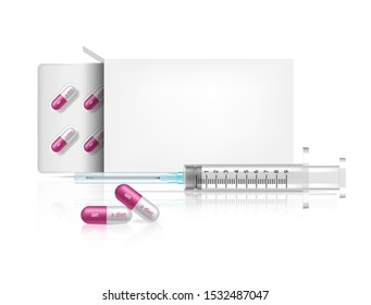 Box Packaging Mock up Realistic On Diet Capsule Pill Medicine on White Background with Syringe. Hospital Tool design Vector Illustration. Tablets Medical and Health Concept.