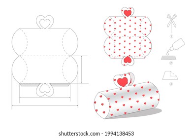 Diseño de plantillas de empaquetado de cajas. Cuadro 3d con paquete de esquema de diseño y patrón de símbolos de amor. Ilustración vectorial.