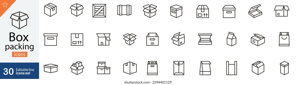 Box Packing Line Icons Set. Collection of 30 outline icons representing packaging, shipping, logistics, parcel delivery, and storage solutions. Editable stroke vector illustration.