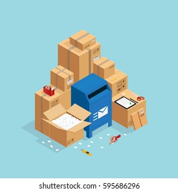 Box packing and sending composition with isometric images of post mail box and carton parcel packaging vector illustration 