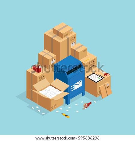 Box packing and sending composition with isometric images of post mail box and carton parcel packaging vector illustration 