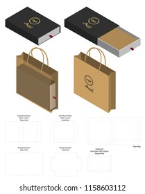 box and paper bag set mockup with dieline