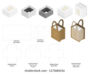 box and paper bag set mockup with dieline