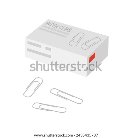 Box of paper clips isolated on white background. Stationery, supplies for office or school. Vector illustration