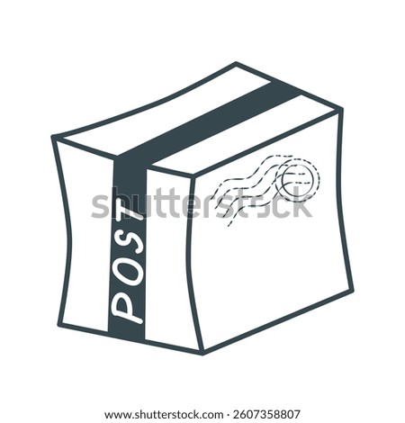 Box parcel doodle doodle sketch style. Hand drawn closed cardboard box with postal stamp. Concept of delivery and receipt of a parcel or goods, retail. Vector graphic