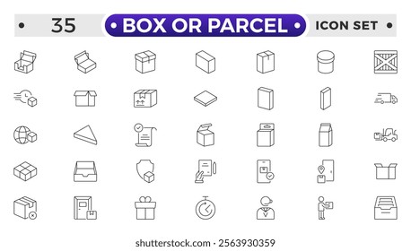 Box or Parcel outline icon vector set. Containing storehouse, stock, package storage, machine, process, cargo truck, courier, step and productivity, forklift, freight, lorry, moving.
