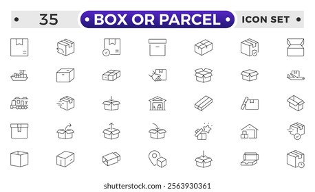 Box or Parcel outline icon vector set. Containing storehouse, stock, package storage, machine, process, cargo truck, courier, step and productivity, forklift, freight, lorry, moving.
