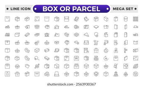 Box or Parcel outline icon vector set. Containing storehouse, stock, package storage, machine, process, cargo truck, courier, step and productivity, forklift, freight, lorry, moving.
